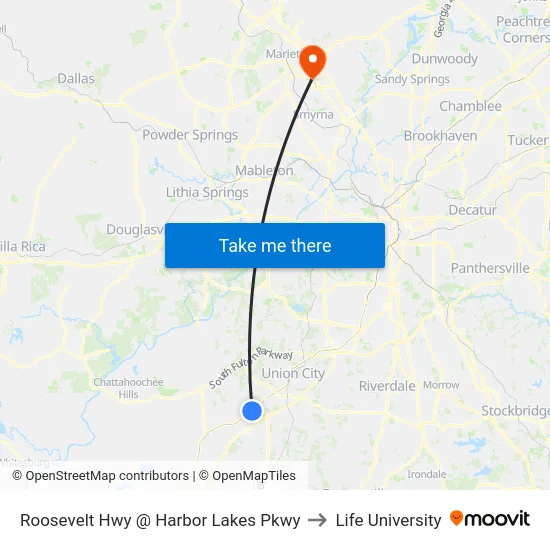 Roosevelt Hwy @ Harbor Lakes Pkwy to Life University map