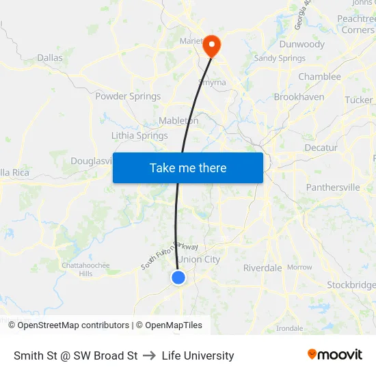 Smith St @ SW Broad St to Life University map