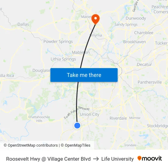 Roosevelt Hwy @ Village Center Blvd to Life University map