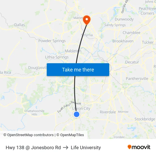 Hwy 138 @ Jonesboro Rd to Life University map