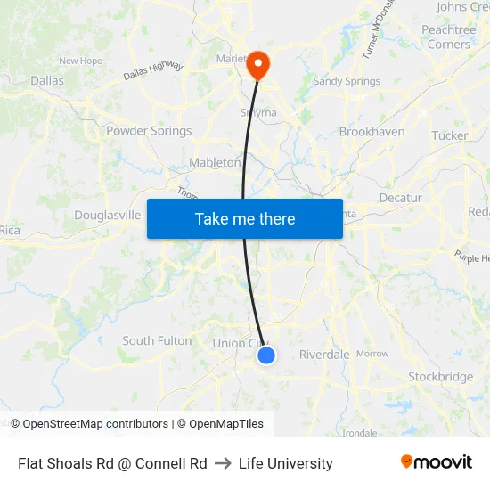 Flat Shoals Rd @ Connell Rd to Life University map