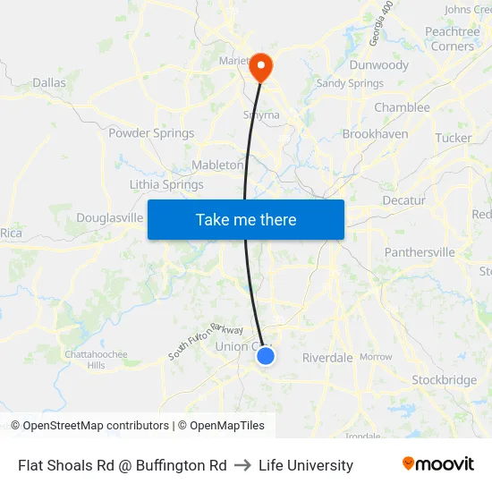Flat Shoals Rd @ Buffington Rd to Life University map