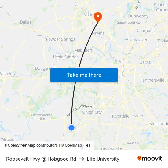 Roosevelt Hwy @ Hobgood Rd to Life University map