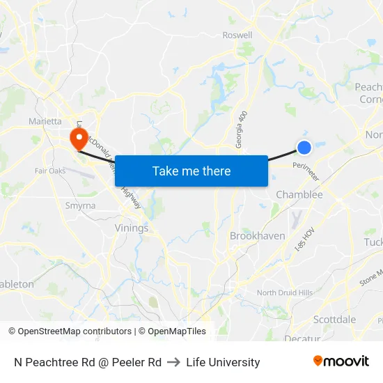 N Peachtree Rd @ Peeler Rd to Life University map