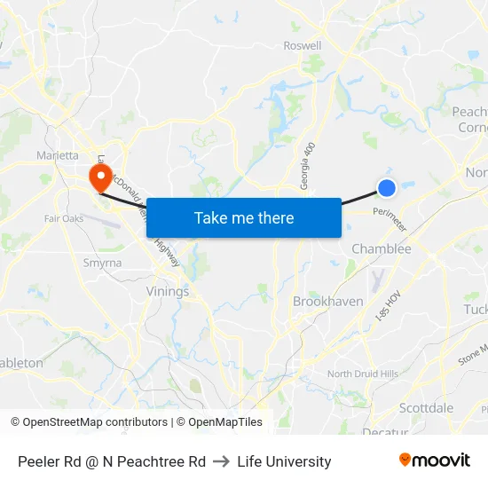 Peeler Rd @ N Peachtree Rd to Life University map