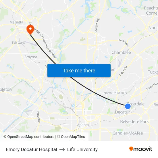 Emory Decatur Hospital to Life University map