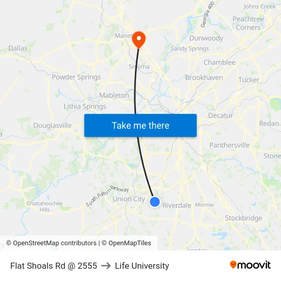 Flat Shoals Rd @ 2555 to Life University map