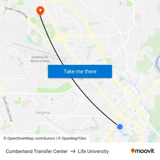 Cumberland Transfer Center to Life University map