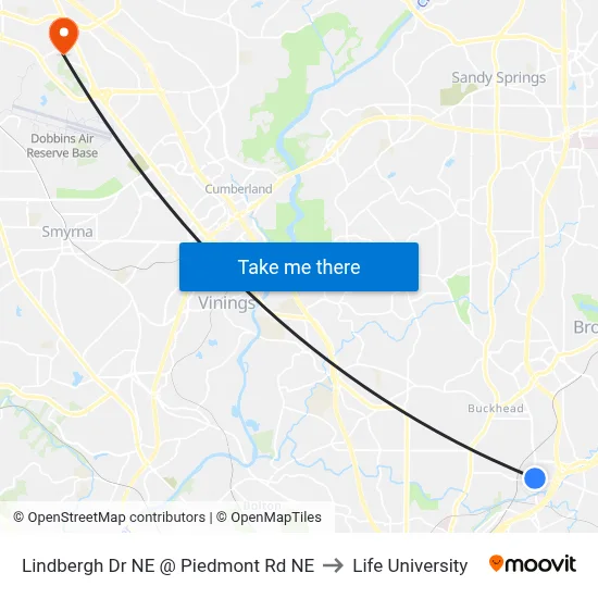 Lindbergh Dr NE @ Piedmont Rd NE to Life University map