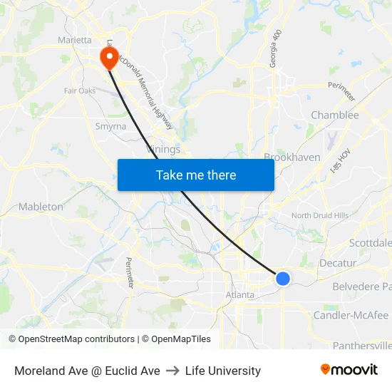 Moreland Ave @ Euclid Ave to Life University map