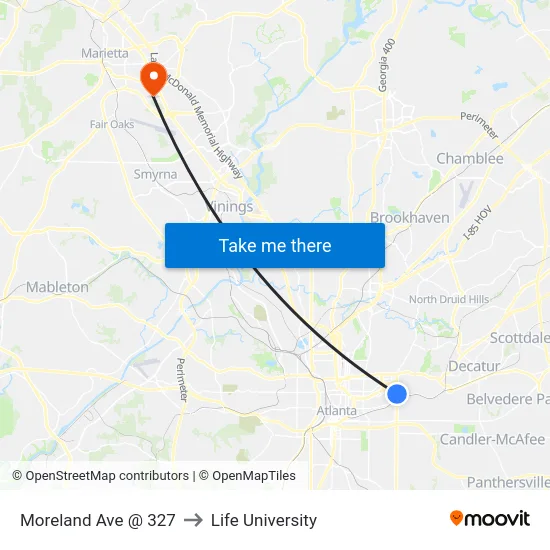 Moreland Ave @ 327 to Life University map