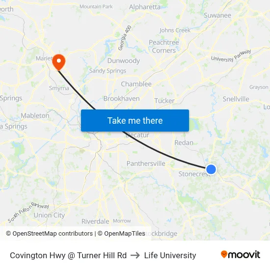 Covington Hwy @ Turner Hill Rd to Life University map