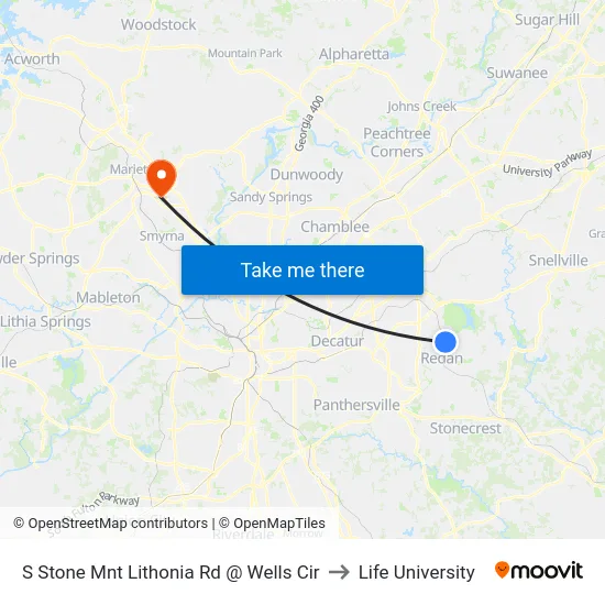 S Stone Mnt Lithonia Rd @ Wells Cir to Life University map