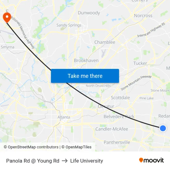 Panola Rd @ Young Rd to Life University map