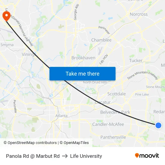 Panola Rd @ Marbut Rd to Life University map