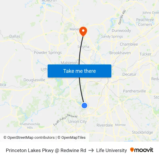 Princeton Lakes Pkwy @ Redwine Rd to Life University map