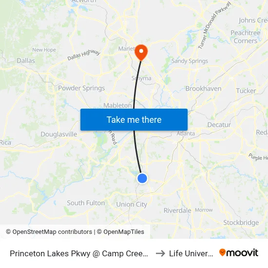 Princeton Lakes Pkwy @ Camp Creek Pkwy to Life University map