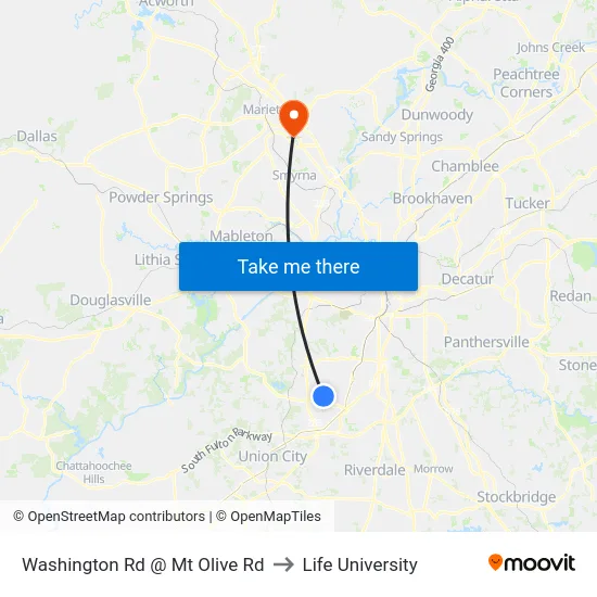 Washington Rd @ Mt Olive Rd to Life University map