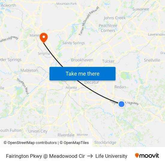 Fairington Pkwy @ Meadowood Cir to Life University map