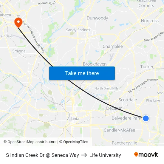 S Indian Creek Dr @ Seneca Way to Life University map