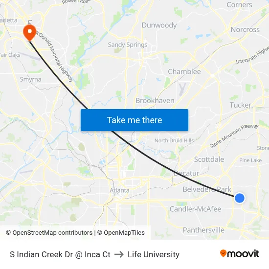 S Indian Creek Dr @ Inca Ct to Life University map