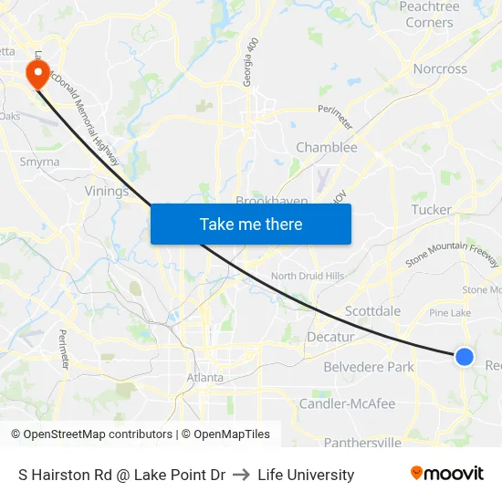 S Hairston Rd @ Lake Point Dr to Life University map