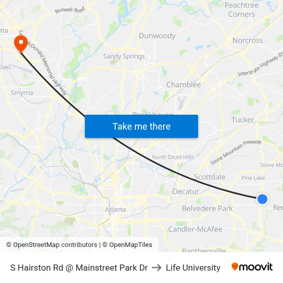 S Hairston Rd @ Mainstreet Park Dr to Life University map