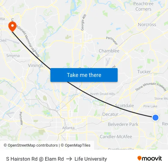S Hairston Rd @ Elam Rd to Life University map
