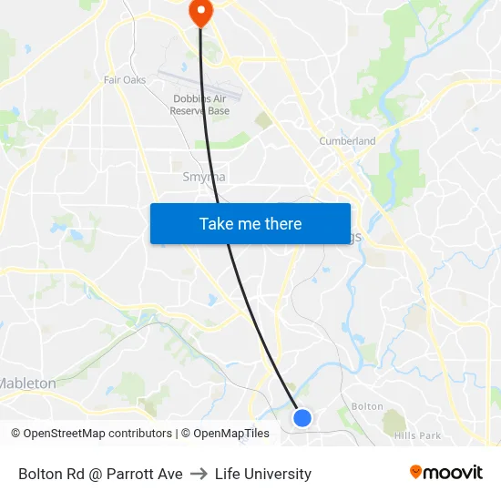 Bolton Rd @ Parrott Ave to Life University map