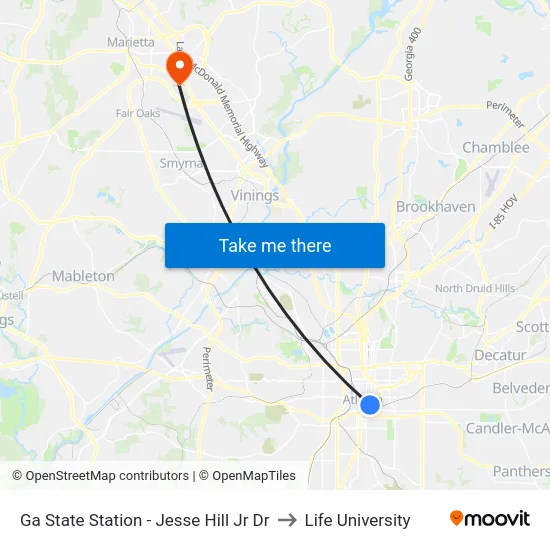 Ga State Station - Jesse Hill Jr Dr to Life University map