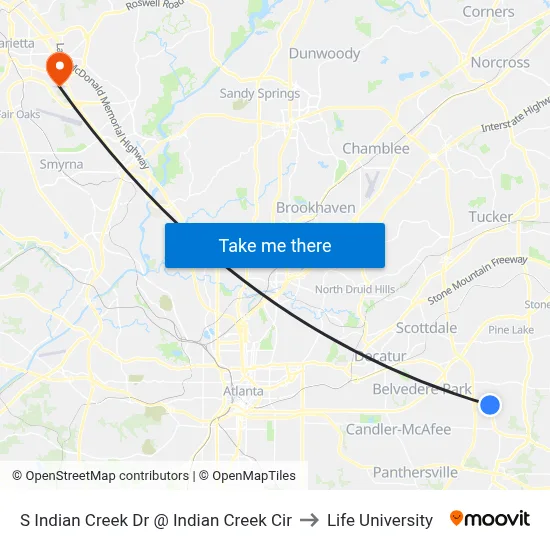 S Indian Creek Dr @ Indian Creek Cir to Life University map