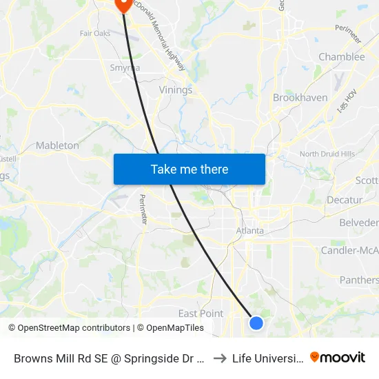 Browns Mill Rd SE @ Springside Dr SE to Life University map
