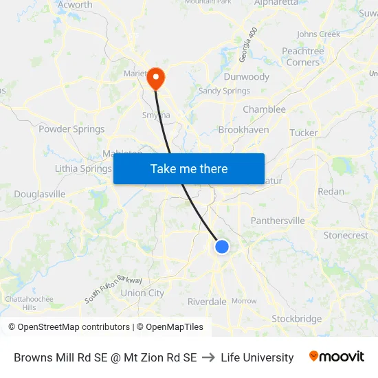 Browns Mill Rd SE @ Mt Zion Rd SE to Life University map