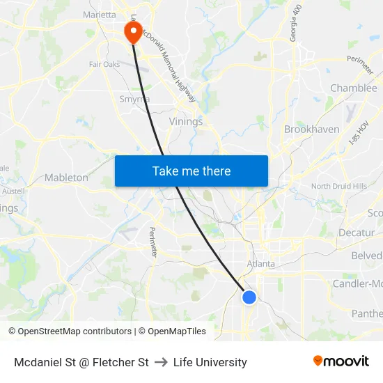 Mcdaniel St @ Fletcher St to Life University map