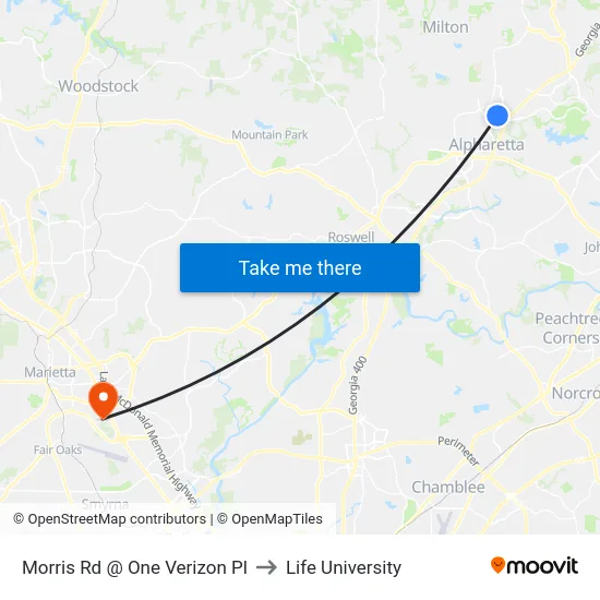 Morris Rd @ One Verizon Pl to Life University map