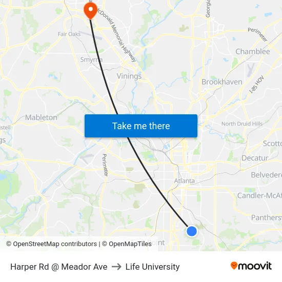 Harper Rd @ Meador Ave to Life University map