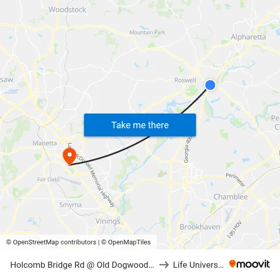 Holcomb Bridge Rd @ Old Dogwood Rd to Life University map