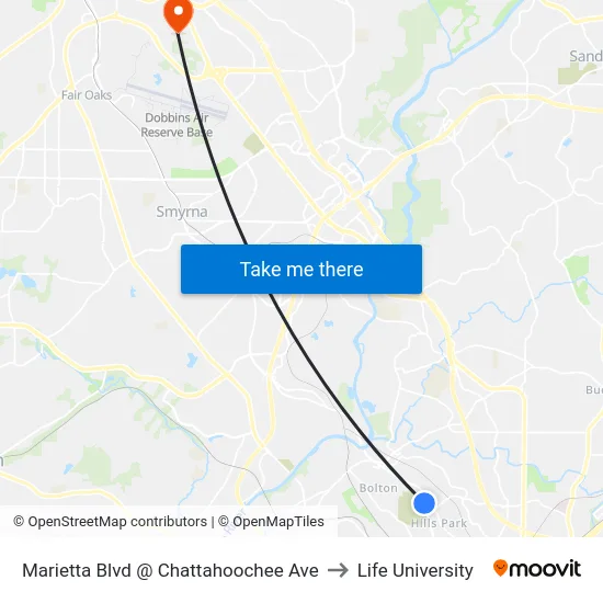 Marietta Blvd @ Chattahoochee Ave to Life University map