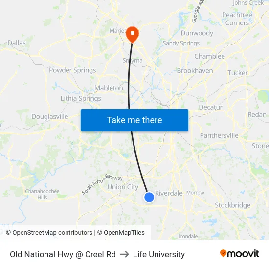 Old National Hwy @ Creel Rd to Life University map