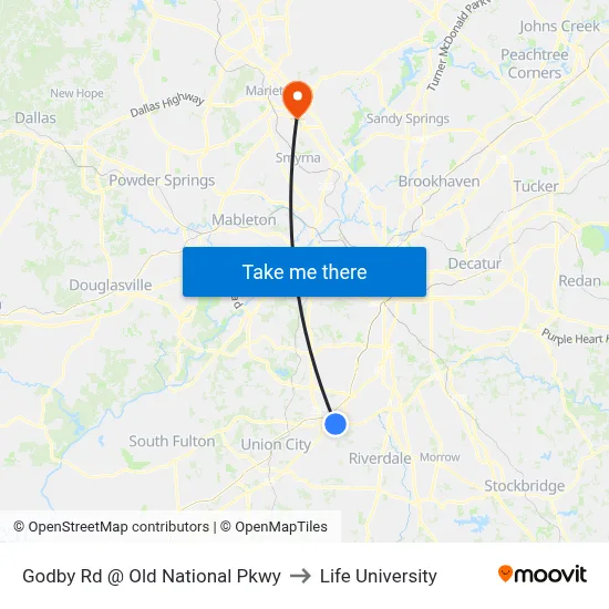 Godby Rd @ Old National Pkwy to Life University map