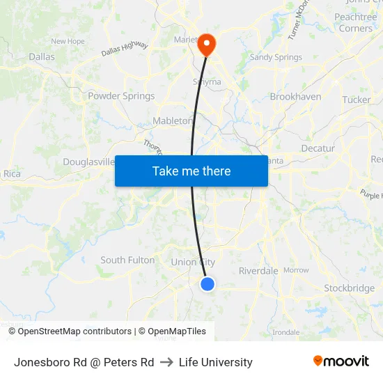 Jonesboro Rd @ Peters Rd to Life University map