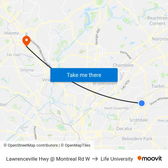 Lawrenceville Hwy @ Montreal Rd W to Life University map