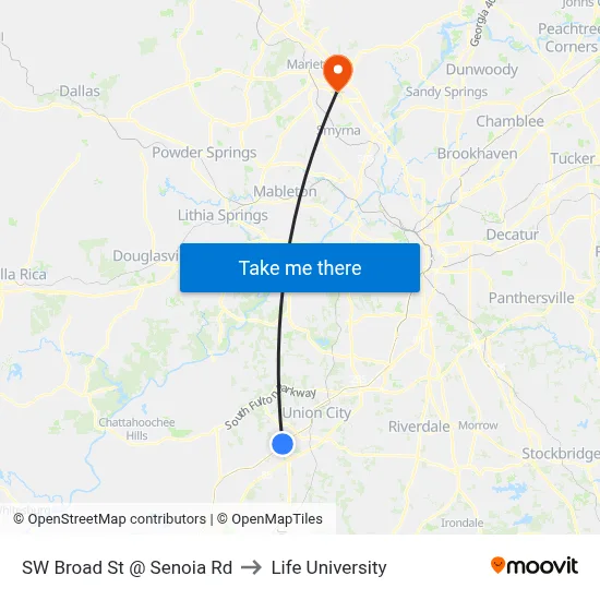 SW Broad St @ Senoia Rd to Life University map