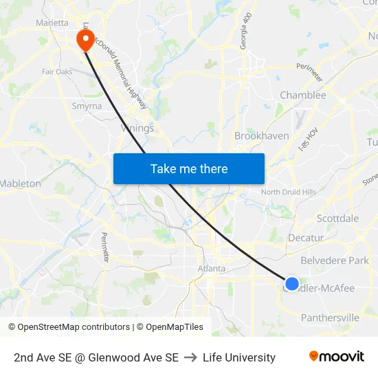 2nd Ave SE @ Glenwood Ave SE to Life University map