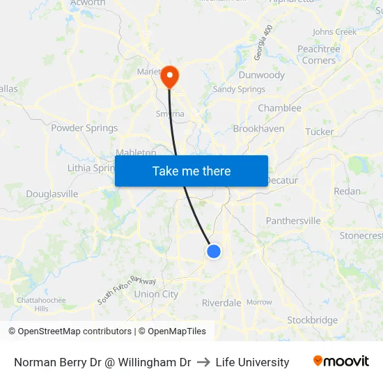 Norman Berry Dr @ Willingham Dr to Life University map