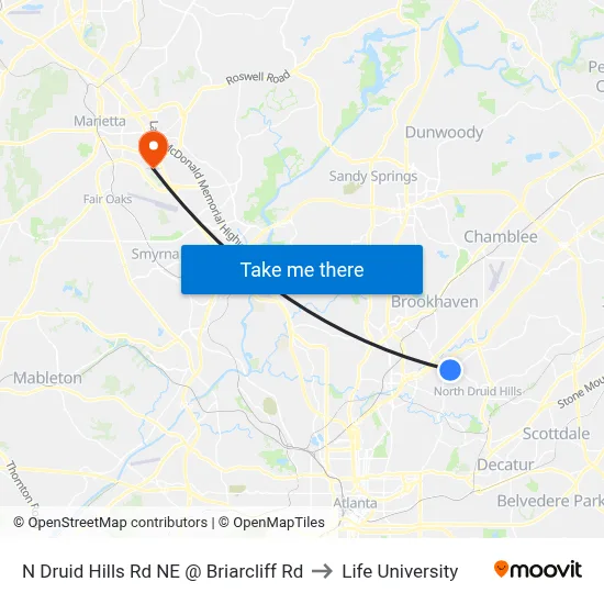 N Druid Hills Rd NE @ Briarcliff Rd to Life University map