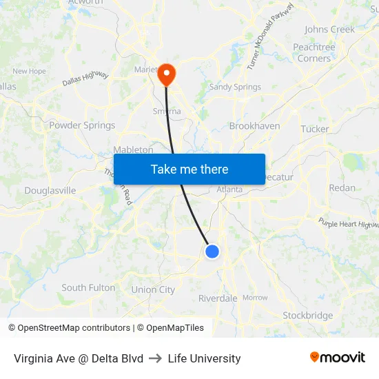Virginia Ave @ Delta Blvd to Life University map