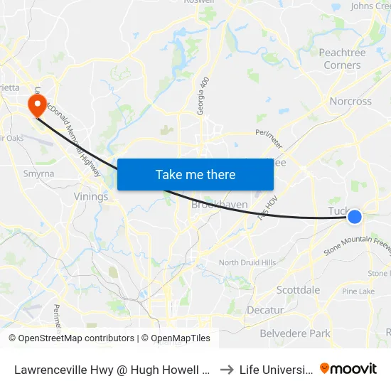 Lawrenceville Hwy @ Hugh Howell Rd to Life University map
