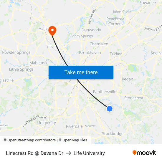 Linecrest Rd @ Davana Dr to Life University map