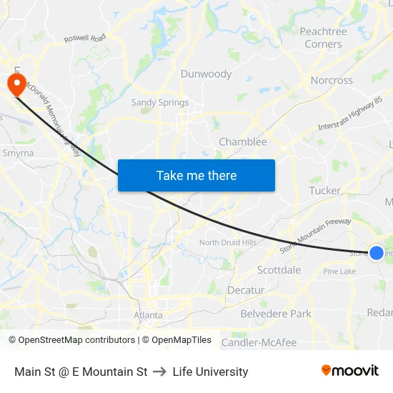 Main St @ E Mountain St to Life University map